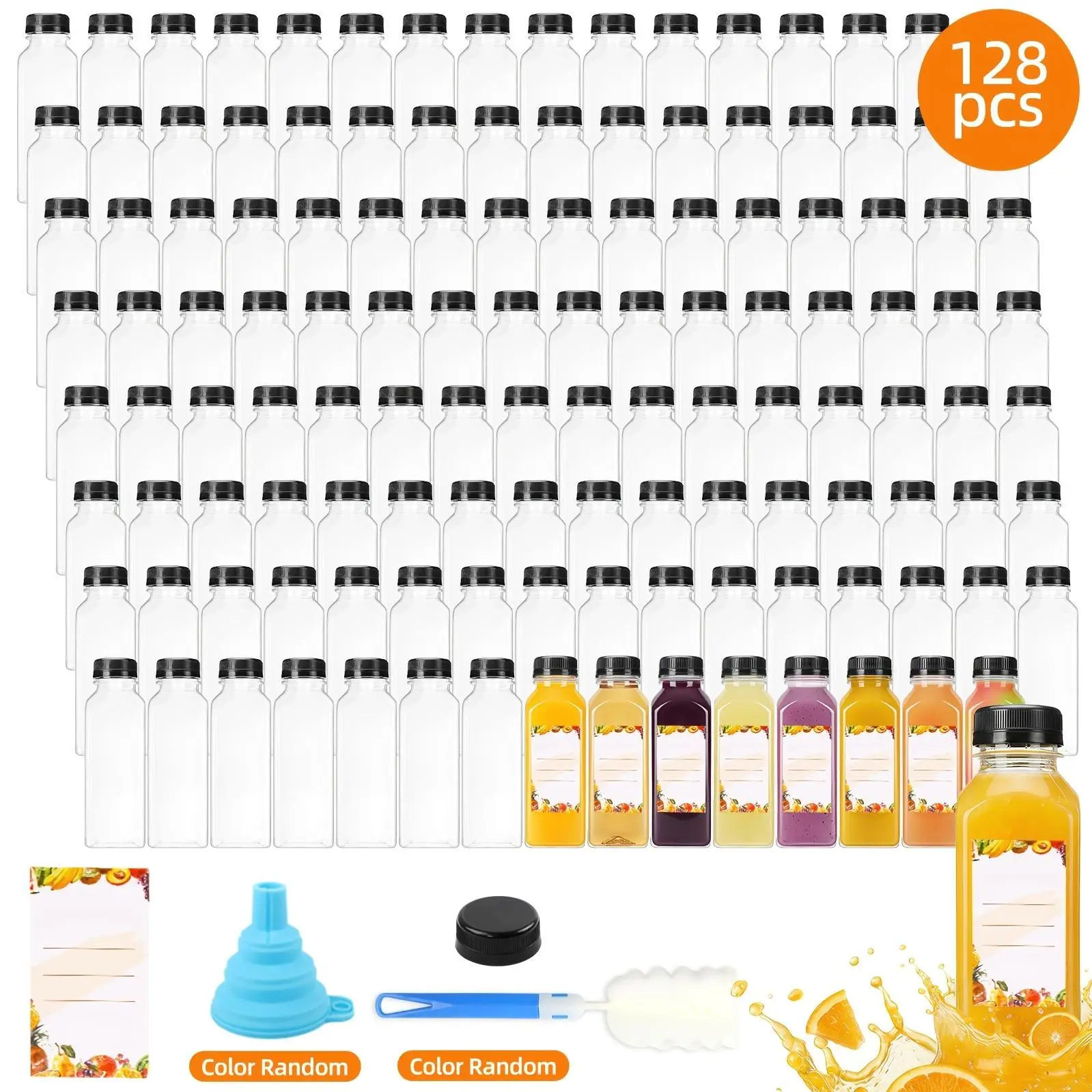 128pcs Plastic Juice Bottles with Caps, Refrigerator Juice Container with Lid, Reusable Container And Clear Beverage Bottle Can Hold Juice, Smoothies, Good Sealing, Bottles for Parties, Gatherings, Birthday Parties Outdoor Using. Funnel & Brush