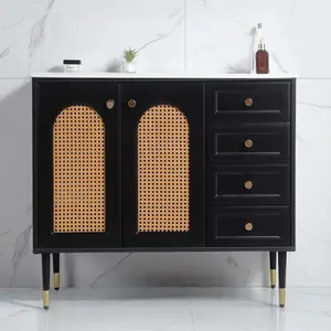 36" Bathroom Vanity with Ceramic Basin, Rattan Bathroom Storage Cabinet with Two Doors and Drawer