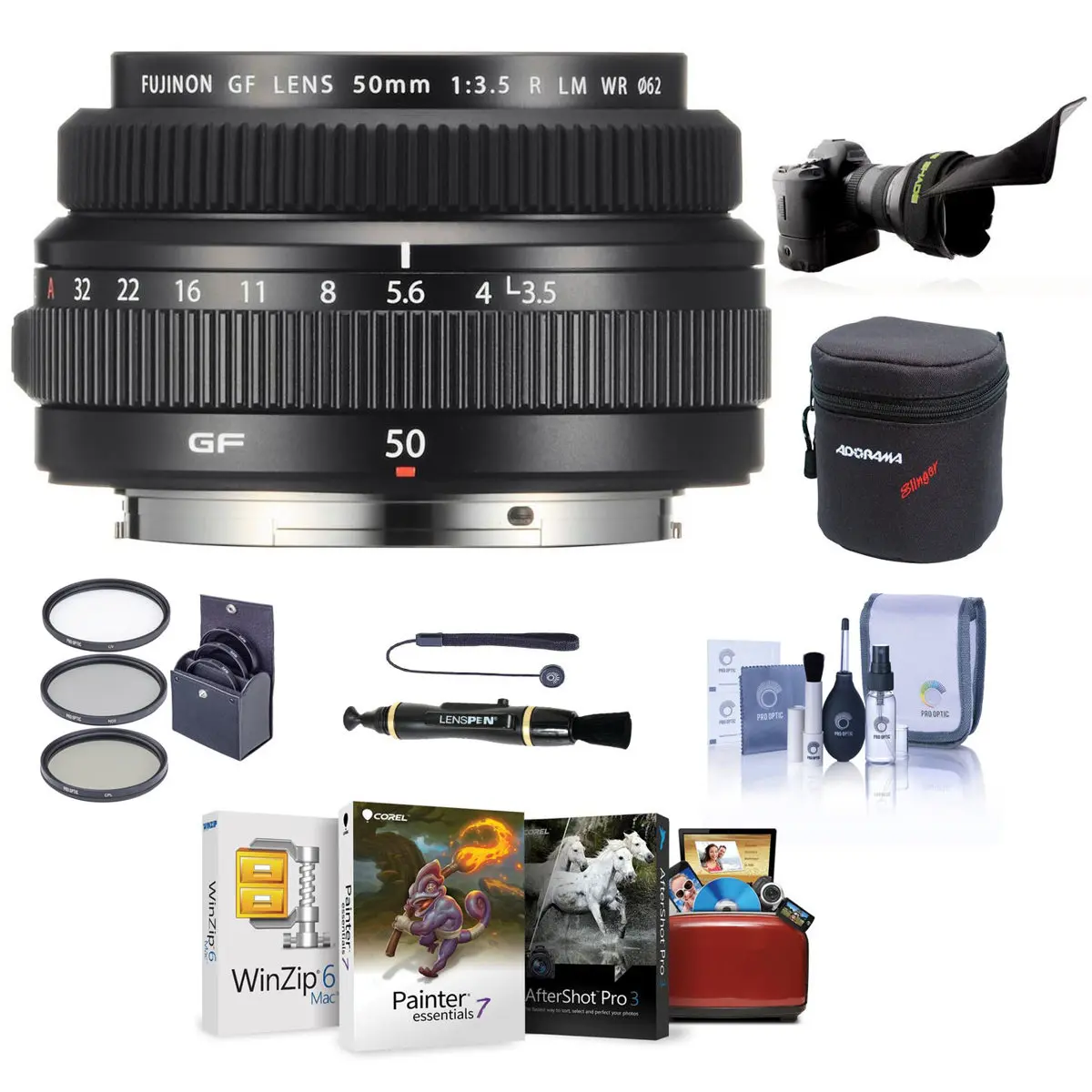 Fujifilm GF 50mm f/3.5 R LM WR Lens, Bundle with ProOptic 62mm Filter Kit, Cleaning Kit, Lens Cap Tether, Lens Case, Flex Lens Shade, Lens Cleaner, Mac Software Kit