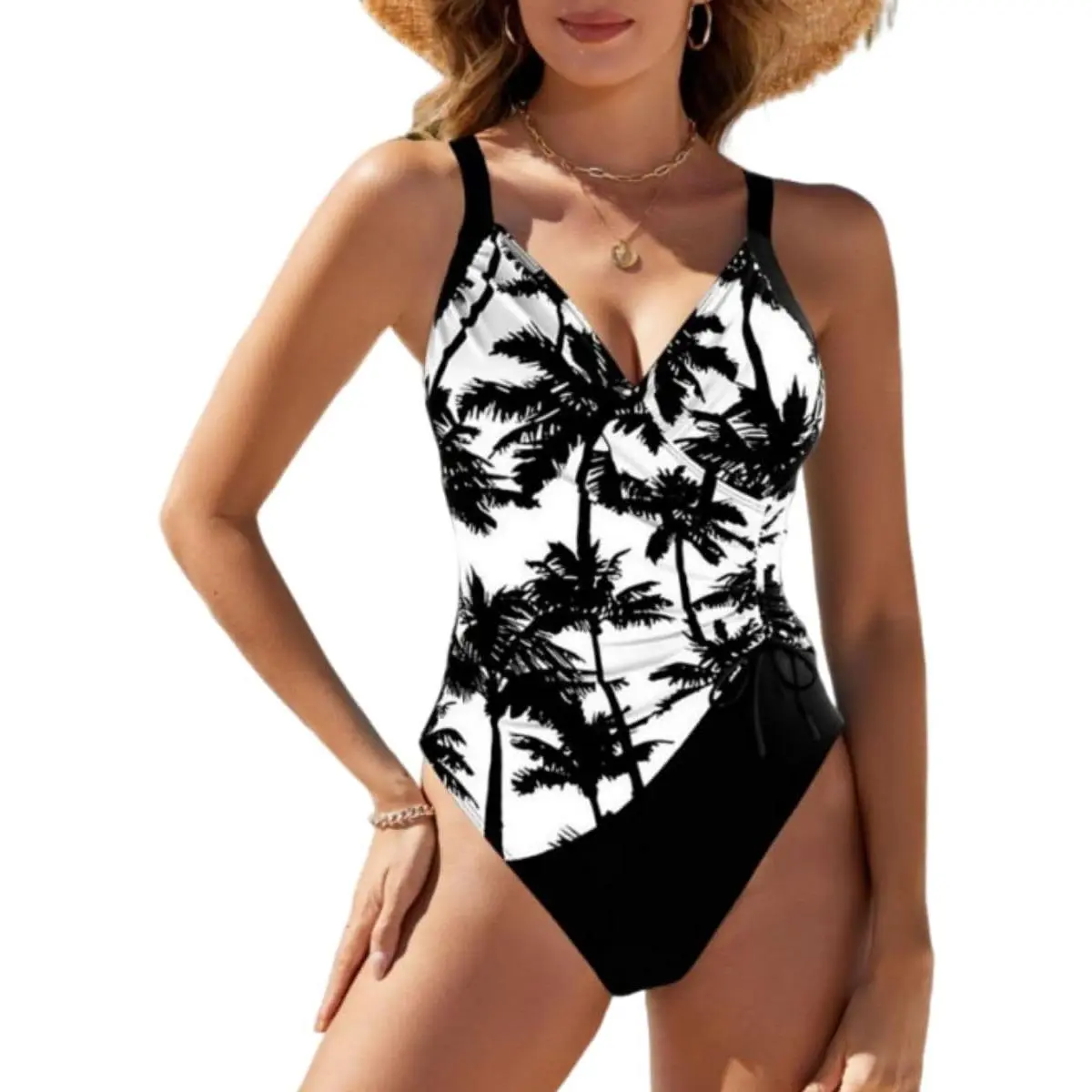 2025 Women's One Piece Swimsuit Tummy Control Bathing Suit with Side Drawstring V-Neck Floral Print Swimwear for Beach Pool & Vacation
