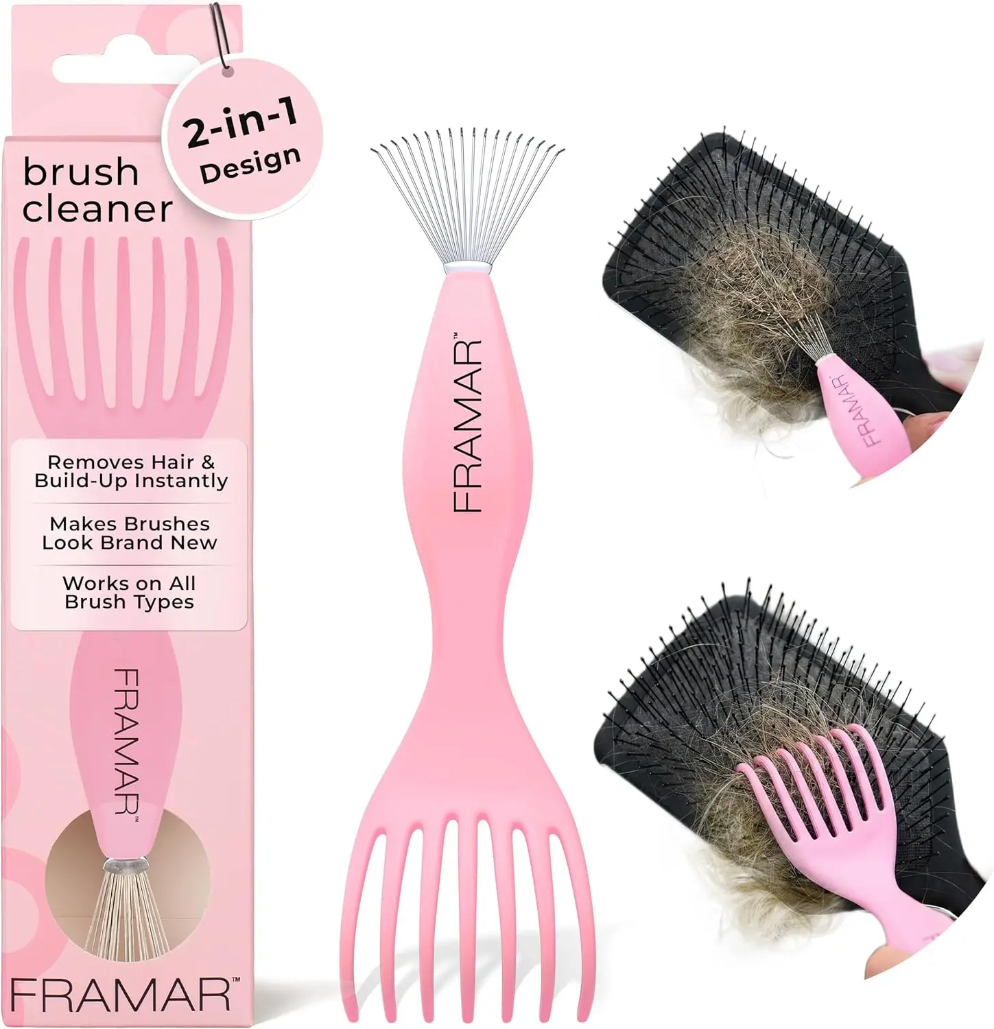 FRAMAR Premium Hair Brush Cleaner Tool – Hairbrush Cleaner Tool, Brush Cleaner Tool for All Types, Comb Cleaner – 2 in 1 Design Removes Hair & Build up Instantly – Pink