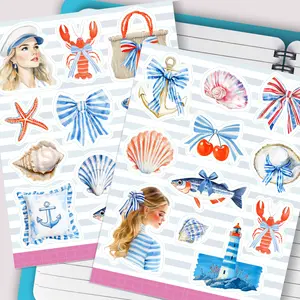 Coquette Coastal Sticker Sheets, Nautical Aesthetic Vinyl Stickers. Seashells Sardines Summer Beach Stickers for Journaling and Scrapbooking