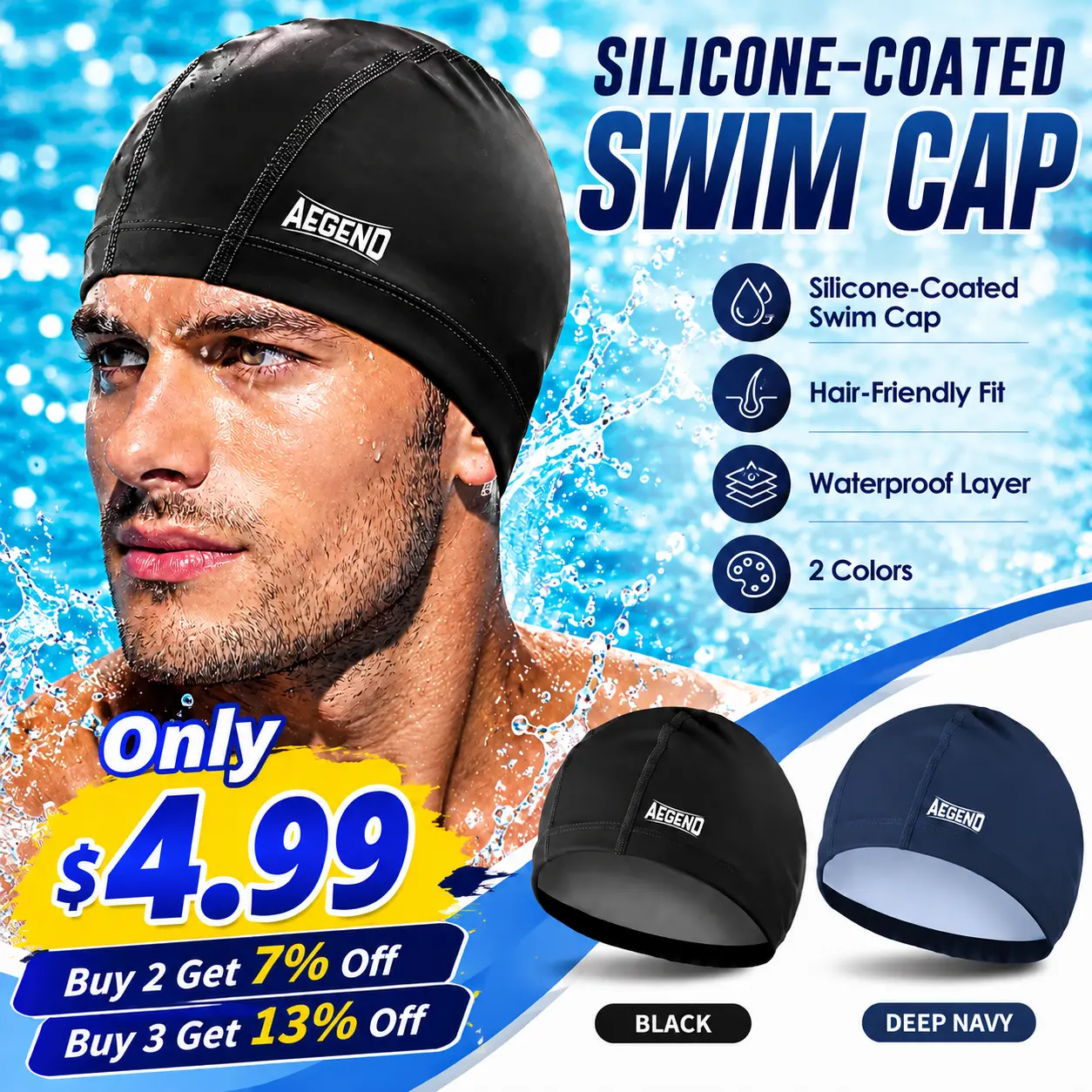 Aegend Unisex Swimming Cap, Sporty Polyester Fabric with Waterproof Silicone Lining, High Elastic & Quick-Dry for Hair Protection, Quick-Dry Swimming Caps tiktokshopbacktoschool