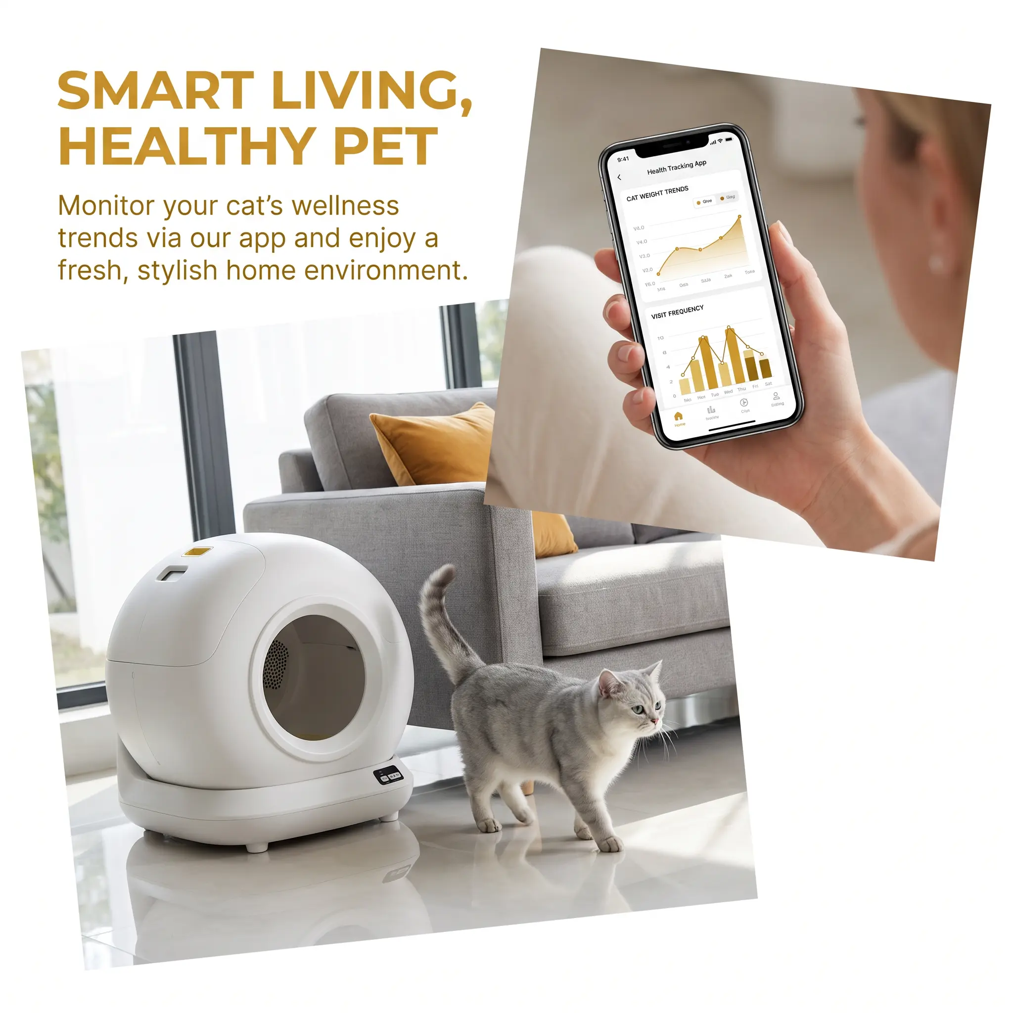 Automatic Smart Self-Cleaning Cat Litter Box - 3 Advanced Safety Sensors, Ionic Deodorizing, Mobile App Health Tracking, 14-Day Extra-Large Hands-Free Waste Bin for Multi-Cat Households