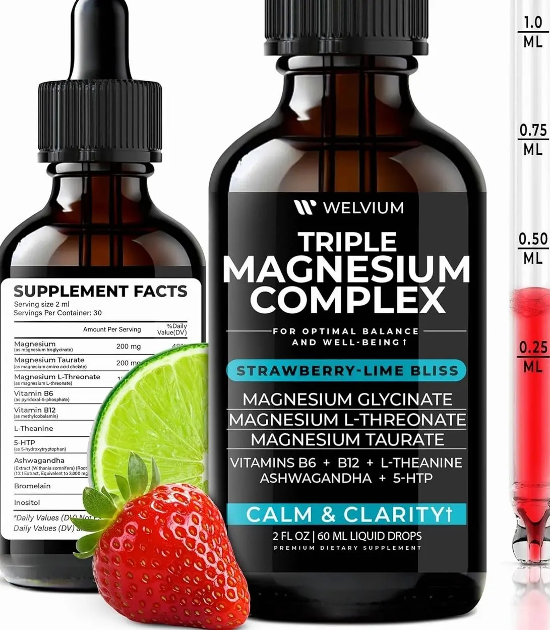 Triple Magnesium Complex Liquid Drops - High Absorption Magnesium Glycinate Supplement, L-Threonate, Taurate 500mg - Ashwagandha, L-Theanine, 5-HTP, Vitamins B6, B12 for Mineral Balance