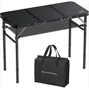 Folding Camping Table with Storage Net, 3ft Camping Table Aluminum Folding Table with 3 Adjustable Height Max 27.5 Inch Picnic Table Portable Table for Outdoor Backyard BBQ, Pure Black