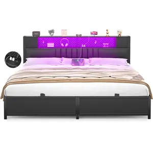 Homieasy King Size Bed Frame with LED Light & Power Outlet, Platform Bed with Upholstered Headboard and Storage with Light, Smart Bed, Black