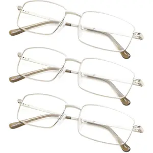 3-pack Large Rectangular Reading Glasses with Spring Temple for Men Silver