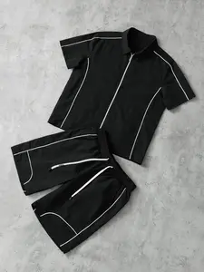 Simple Sportswear Set, Zipper Collar Short Sleeve + Side Stripe Shorts Design, Casual Fashion Daily Wear Comfortable Practical