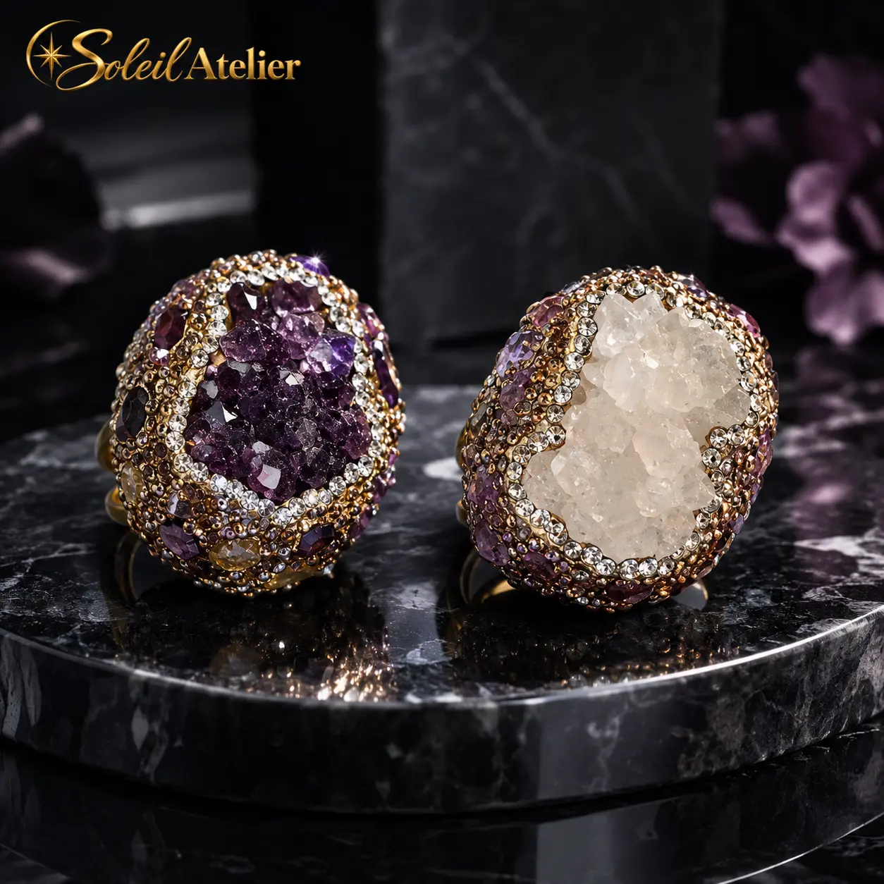 Women's Oversized Vintage Crystal Geode Statement Ring - Adjustable Fit, Gold-Tone Intention Costume Jewelry for Calm, Clarity & Special Events