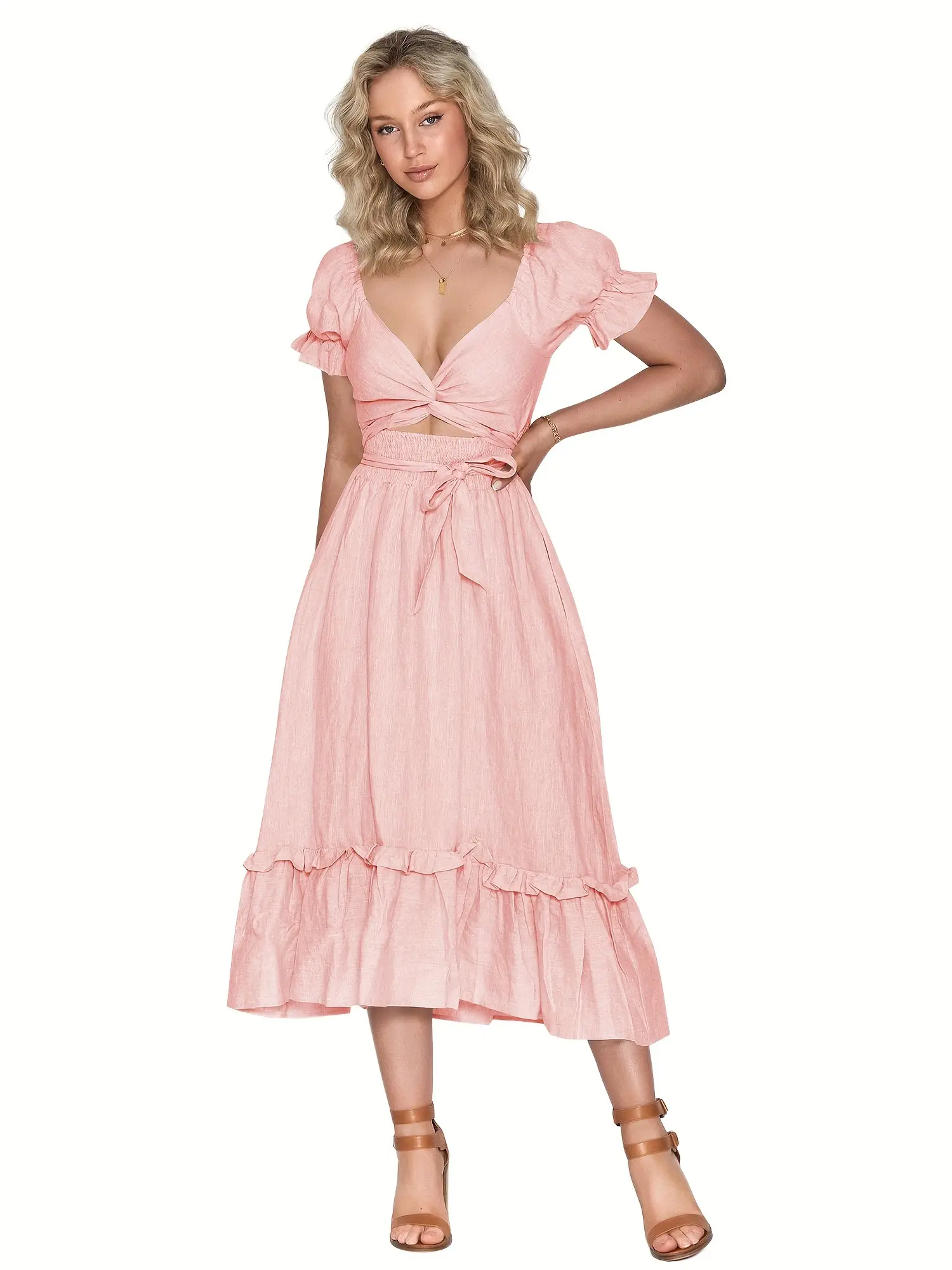 ZAFUL Solid Color Deep V Neck Dress, Casual Lace Up Waist Short Sleeve Slim Long Dress For Spring & Summer, Women's Clothing Womenswear Comfort Adjust