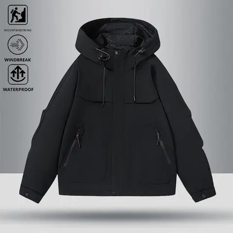 Men's Minimalist Solid Color Windproof and Waterproof Hooded Jacket, Suitable for Outdoor Mountaineering and Hiking