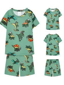 Boys' Dinosaur Print Pajama Set, Short Sleeve and Shorts, Casual Home Wear, Perfect for Daily Comfort and Playtime, Summer Pjs