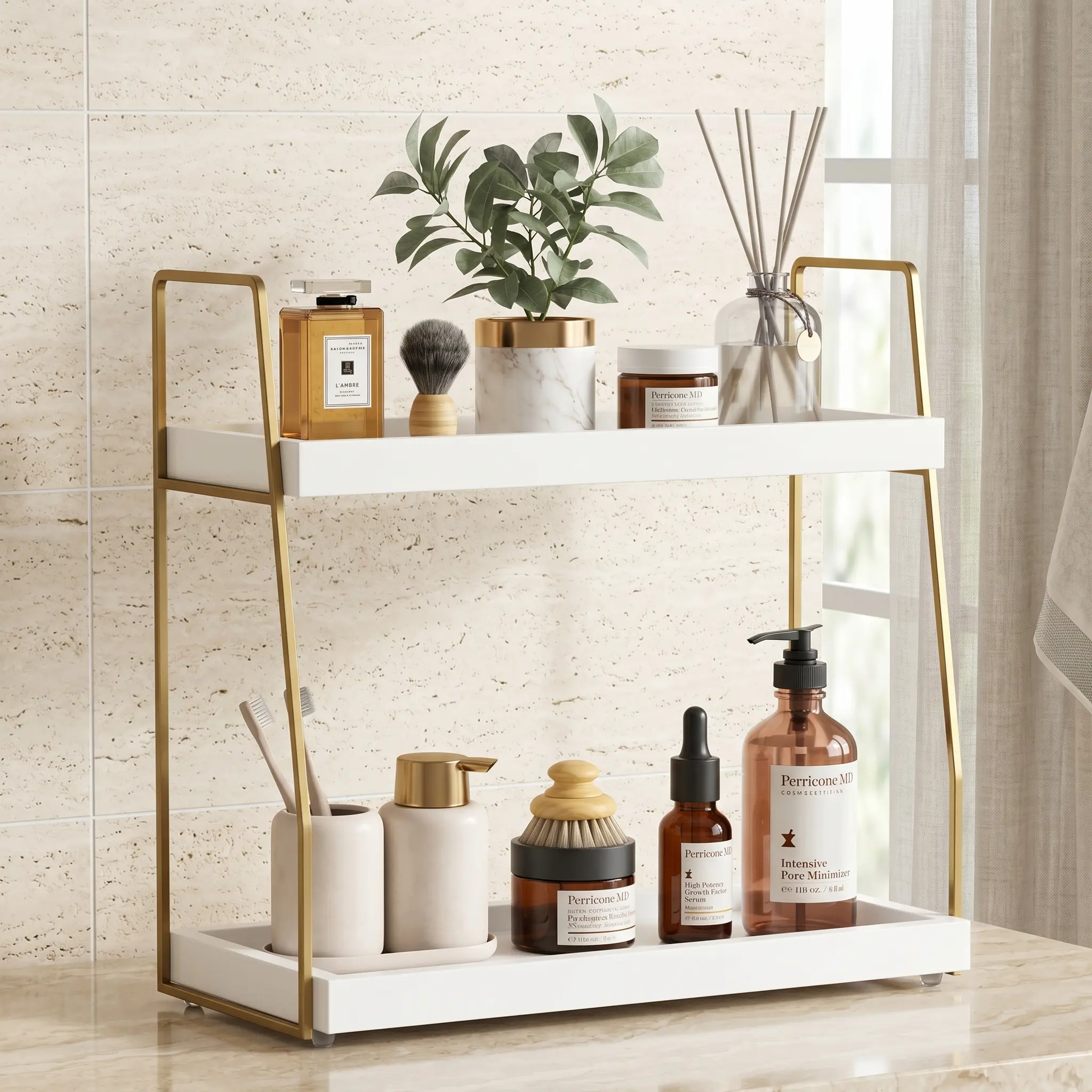 2 Tier Bathroom Counter Organizer Wooden Vanity Shelf Makeup Perfume Storage Rack White Gold