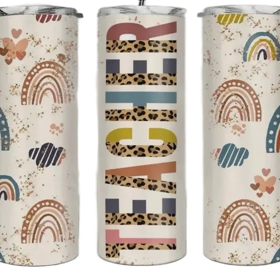 Boho teacher tumbler Leopard Rainbows Reusable Mug Drinkware  Coffee Cup