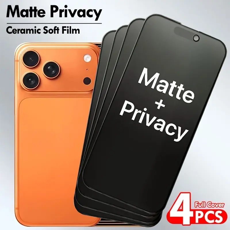 4 Pcs Privacy Matte Ceramic Screen Protector, Anti-Spy Matte Film Protection Compatible For iPhone 17, 17e, 16 Pro Max, 16e, 15, 14 Plus, 13, 12, 11 Pro Max, Plus, X, XS Max, XR, Full Coverage Mobile Phone Accessories