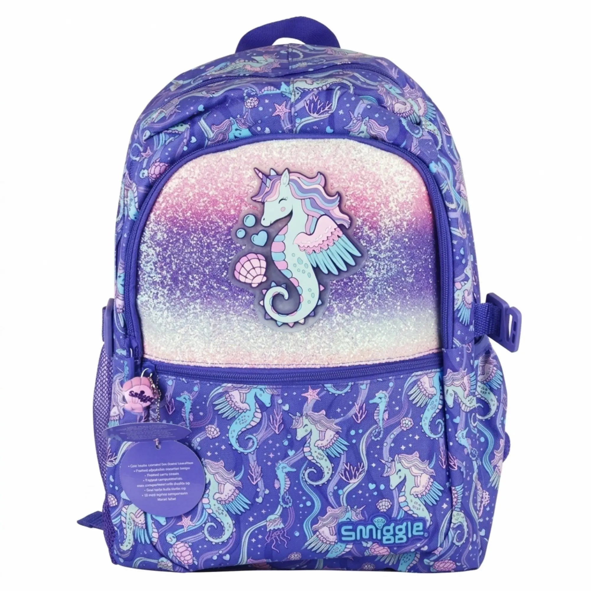 Smiggle Purple Seahorse School Backpack Glitter Ombre Bookbag Large Travel Bag for Girls