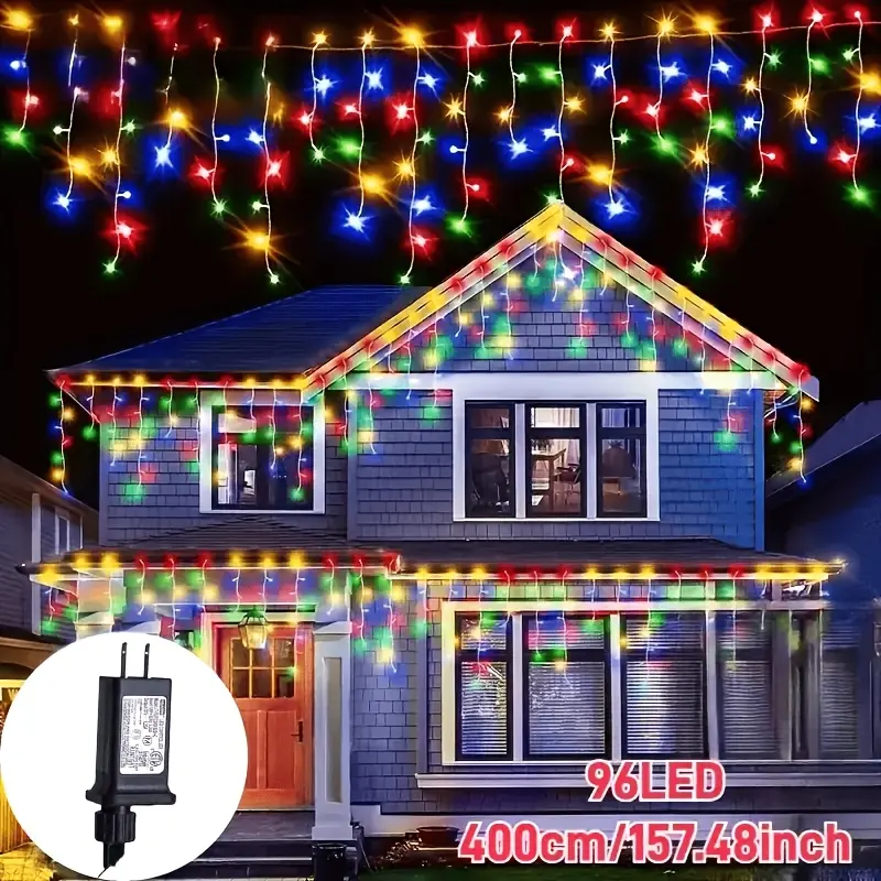 96-LED Christmas icicle lights, fairy lights, IP44 waterproof icicle light strip, 8 modes, plug-in model, window decoration, Christmas holiday decor, wedding party hanging string lights.