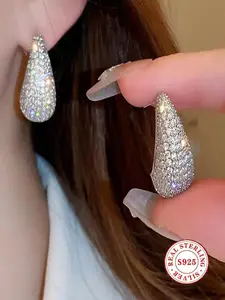 S925 Sterling Silver Teardrop Earrings | Hypoallergenic Pave CZ Huggie Hoops | Sparkly Wedding Party Jewelry for Women