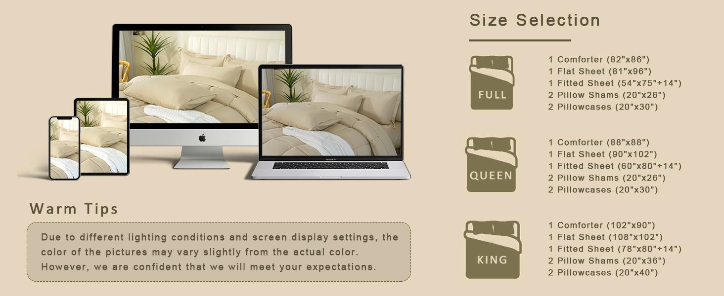 DOWNCOOL 7pcs Lightweight Comforter Set, Bed in a Bag with 1 Comforter, 1 Flat Sheet, 1 Fitted Sheet,2 Pillowcaese, 2 Pillowshams, Soft Bedding Sets for All Seasons