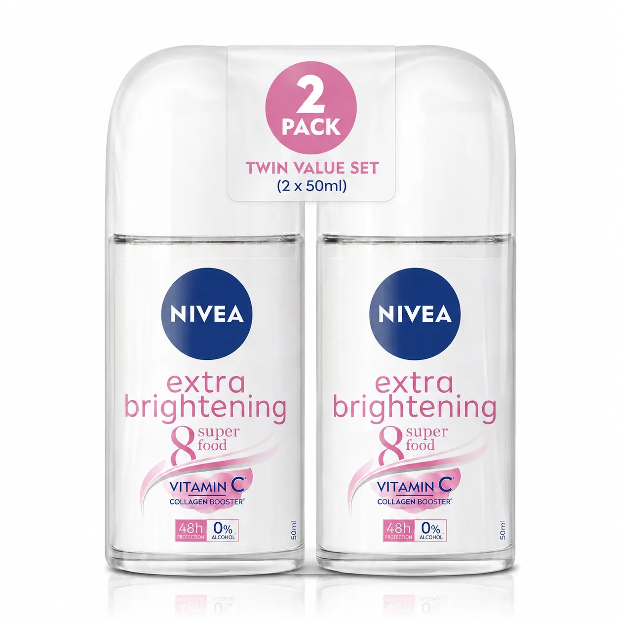 NIVEA Female Extra Brightening Roll-On Deodorant Antiperspirant 2-Pack (1.7oz/50ml) with Vitamin C - 48H Protection, Alcohol-Free, Gentle, Smooth, Underarm Care, Brightens Skin, Roll-On Type Beauty Products for Summer
