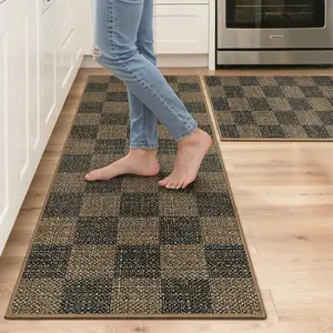 Kitchen Rugs Non Slip Washable, Absorbent Kitchen Mats for Floor, Cushioned Comfort Standing Kitchen Runner Rug for Sink, Office, Laundry, Entryway, , 17.3"x47"+17.3"x30", Brown Checkered
