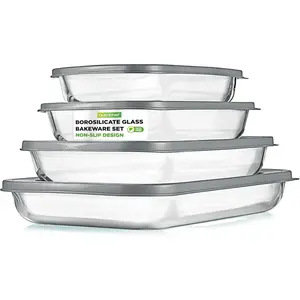 8-Piece Deep Glass Baking Dish for Oven with Lids - Casserole Dishes for Oven - Bakeware Sets for Lasagna, Meatloaf, Leftovers, Cooking, & Dishwasher Safe -Gray
