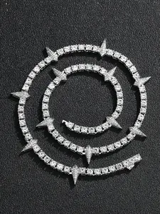 1 Pc Hip Hop Colorful Rhinestone Golden And Silvery Necklace For Men Hot Punk Thorn Tennis Chain Jewelry For Women Fashion Luminous Necklace Girl