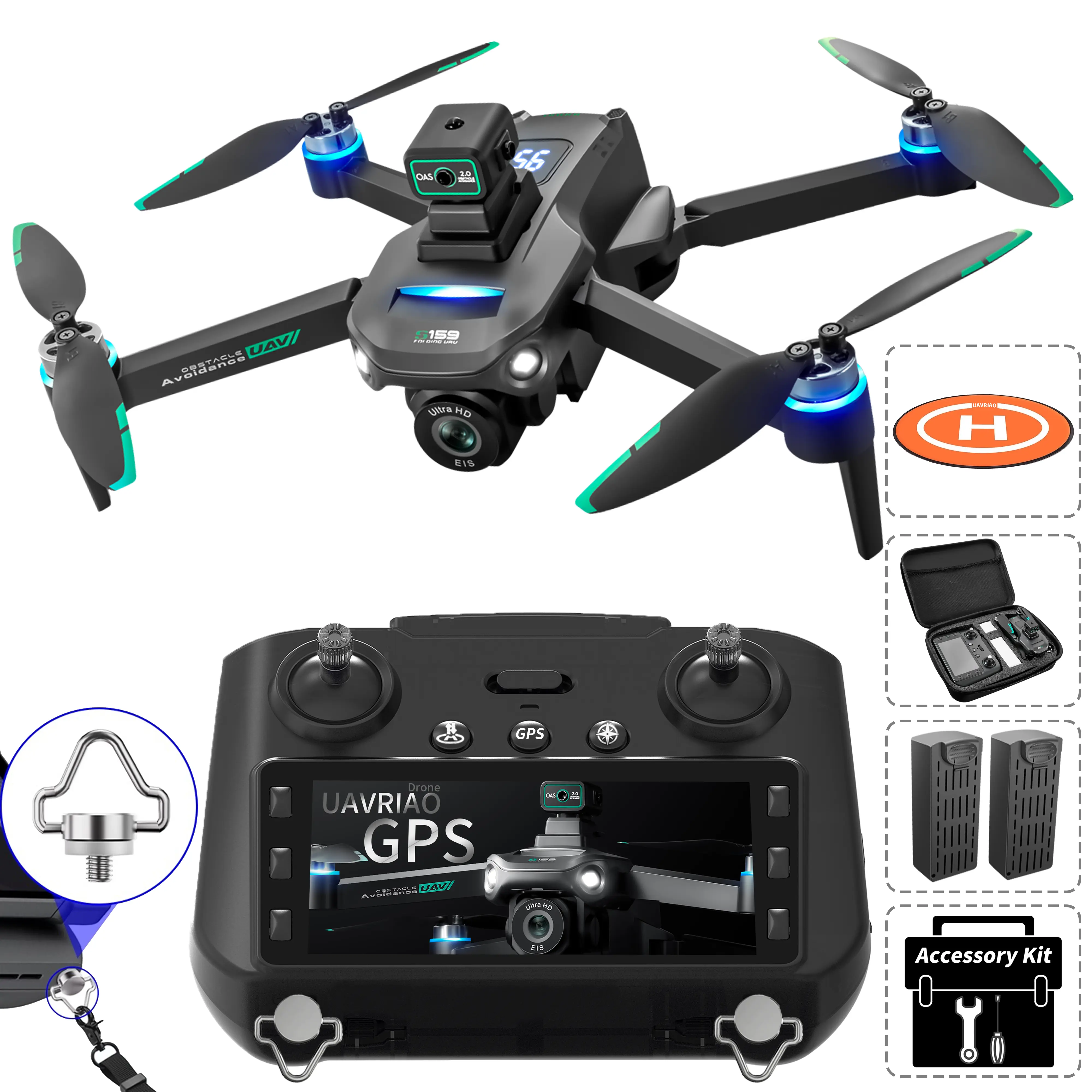 UAVRIAO 4K EIS HD FPV Camera GPS Remote Control Drone with Controller Screen, 5G WiFi FPV, Gesture Control, Optical Flow Positioning, Automatic Return, Automatic Target, Lights, Accessories, Lanyard, Pad, Cable (Black) - Beginner-Friendly RC Quadcopter