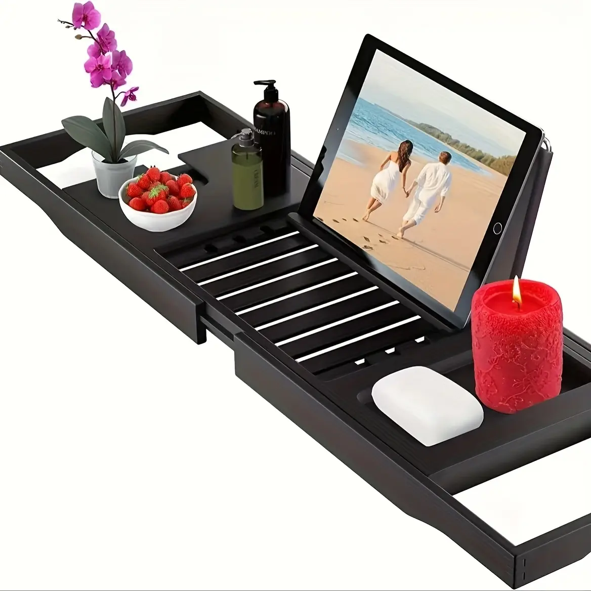 Expandable Bathtub Caddy Tray - Adjustable Anti-Slip Bath Organizer with Multi-Compartment Floating Shelf, Tablet/Wine Holder for Spa, Bath - Bath Accessory Compatible with Bathtubs & Tubs