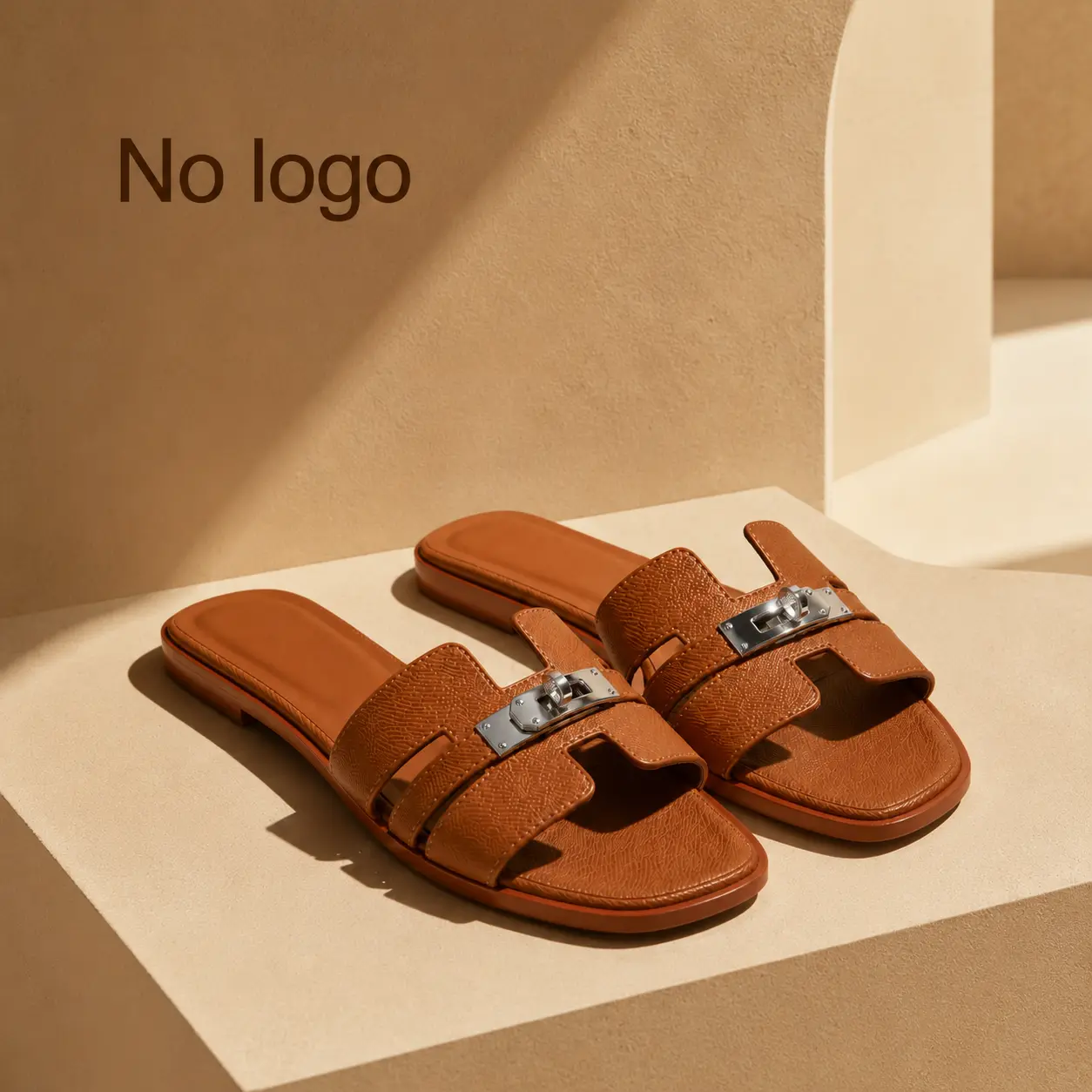 Women's Elegant Brown Leather Open-Toe Sandals - Flat Design, Silver Buckle Strap, Comfortable Summer Kitchen Wear Shoes