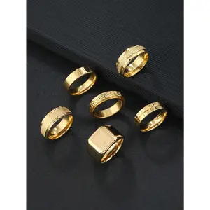 Stainless Steel 6pcs/Set Gold Rhombus Men's Ring Set for Daily Use Casual Multi-element Gift Jewellery