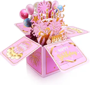 3D Birthday Card for Adults and Kids with Envelopes, Unique Design Handmade Foldable Greeting Cards for Daughter, Son, Mom, Dad, Friend（Pink）