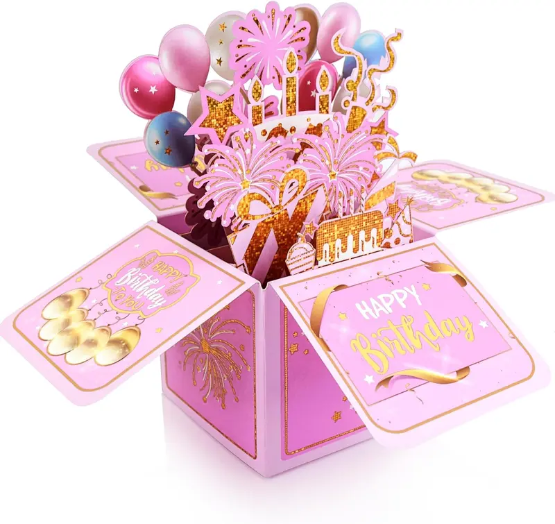 3D Birthday Card for Adults and Kids with Envelopes, Unique Design Handmade Foldable Greeting Cards for Daughter, Son, Mom, Dad, Friend（Pink）