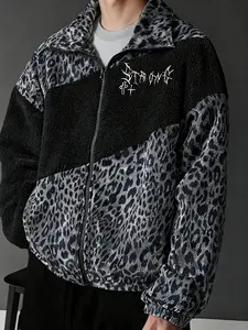 Leopard Print Fleece Jacket, Warm Lamb Wool Fabric, Thorn Cross Embroidery, Dark Style, Winter Fashion, Men's Outerwear