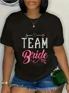 Bridesmaid Squad Wedding T-Shirt| Team Bride Lettering With Ring And Veil Icons - Pink And White Matching Outfits For Wedding Party Dresses - Short Sleeve Crew Neck - Slight Stretch Fabric - Geometric Pattern