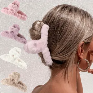 Pack of 4 Large Plush Hair Clips - Soft Fluffy Oval Hair Claw Clips for Women, Elegant Minimalist Hair Accessories - Hair Accessories for, Vacation Hair Clips, Minimalist Hair Clips