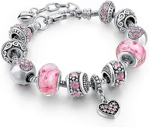 Pink Hearts Silver Plated Charm Bracelet Set with Crystal Charms Beads Adjustable Snake Chain 7.5+1.5" Jewelry Gifts for Women