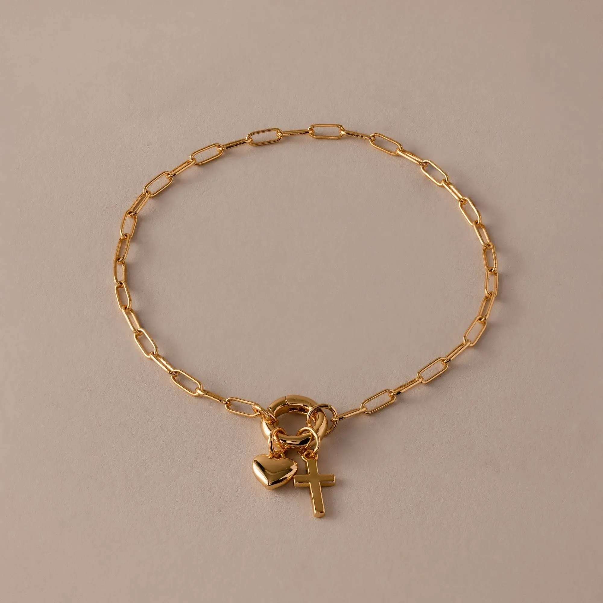 Cross & Heart Charm Bracelet by Caitlyn Minimalist - Dainty Rolo Clasp Charm Bracelet in Gold & Silver - Paperclip Chain Bracelet for Women - Religious Jewelry - Daughter Gift