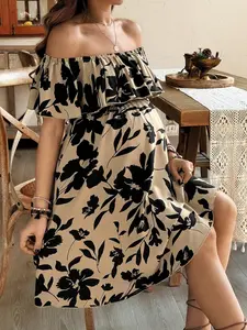 Maternity Floral Print Off Shoulder Casual Short Dress