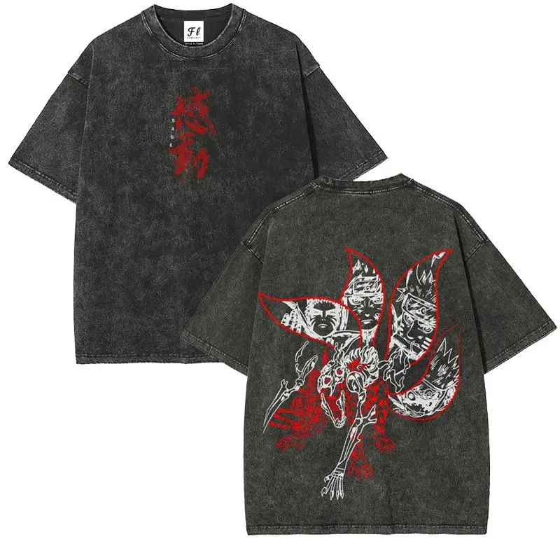 Men's 9-Tailed Fox Graphic Print Oversized Vintage Retro Pre-Washed 230gsm Heavyweight Cotton Casual Streetwear Round Neck T-Shirt, Rib Detail Top