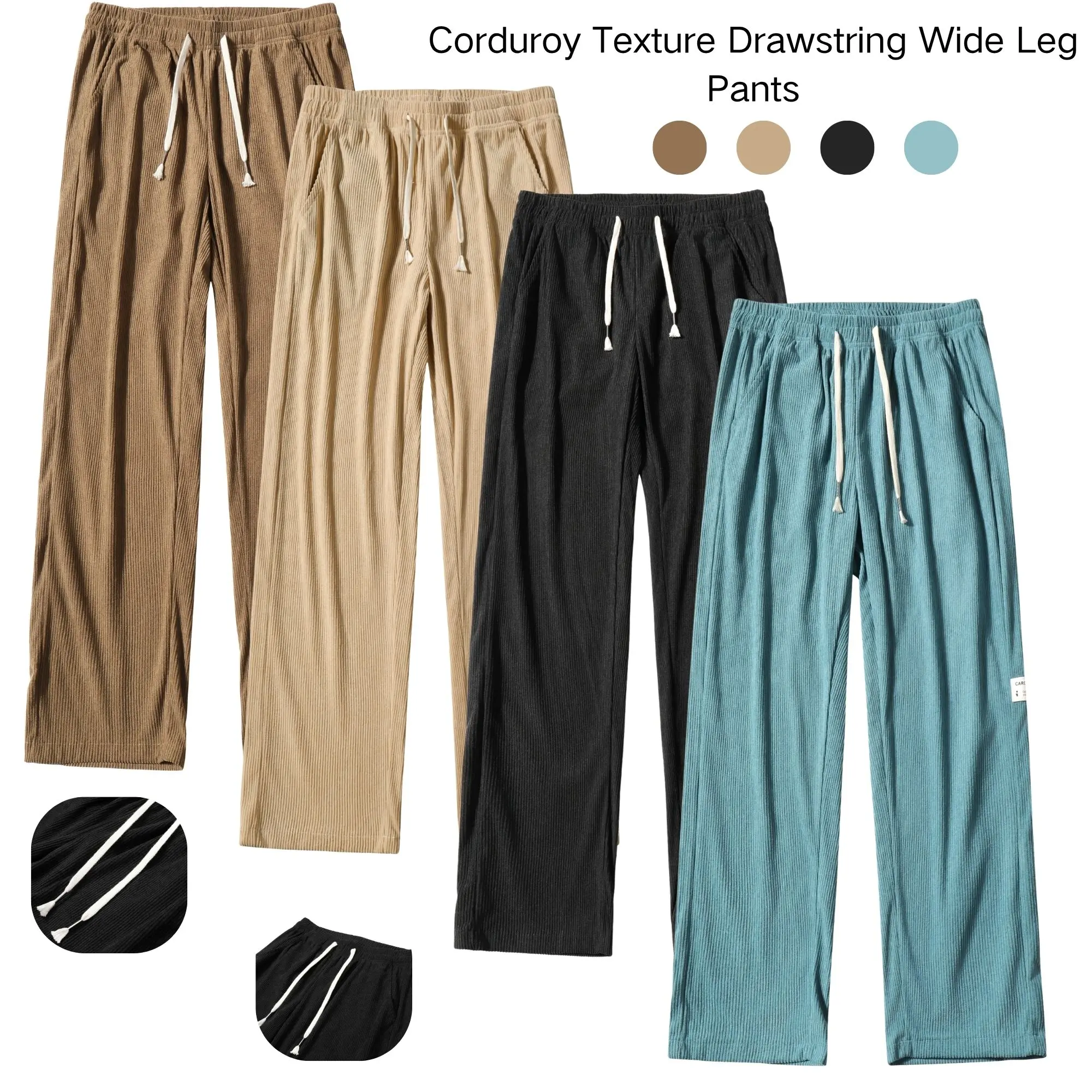 Wide-leg casual long pants with a vertical ribbed texture and drawstring, loose fit with a fluid drape, straight cut.