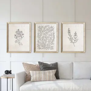 Sketched Leaves on Linen Texture Set of Three Art Prints