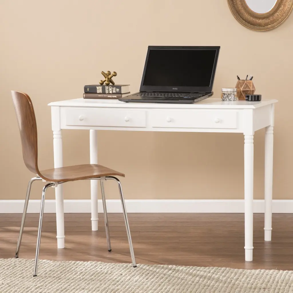HomeRoots Classic White Rectangle Office Writing Desk - Carved Legs, Drawers, Solid Wood Construction, 100 lbs Capacity, 30.25" x 42.75" x 23.5", Adult Assembly Required