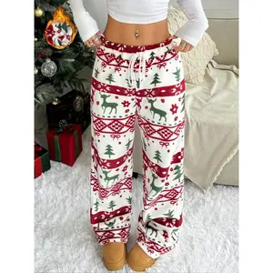 Women's plush wide leg pants, casual fashion pants, Christmas long wool pants, soft and comfortable winter clothing, very suitable for holiday wearRAIMENTRY