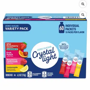 Crystal Light Variety Pack Drink Mix - 60 Packets of Beverage Mixed Powder with Lemonade Fruit Punch Raspberry Lemonade Wild Strawberry Flavor Powdered Orange