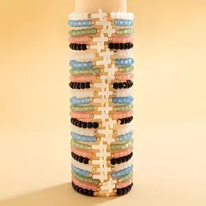18pcs Mix Fashion Multicolor Glass Bead Stretch Bracelet Set - Layering Cross Charm Jewelry for & Daily Wear Vacation Year Gift, for Teenager, Colorful Beads, Lightweight Beads, Handmade Look, Stretchable Bracelets