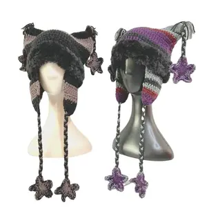 Japanese Designer Pentagram Skullies Beanie Women Autumn Winter Warm Ear Protection Handmade Knitted Hat Cat Ears Stripe Cap Y2K