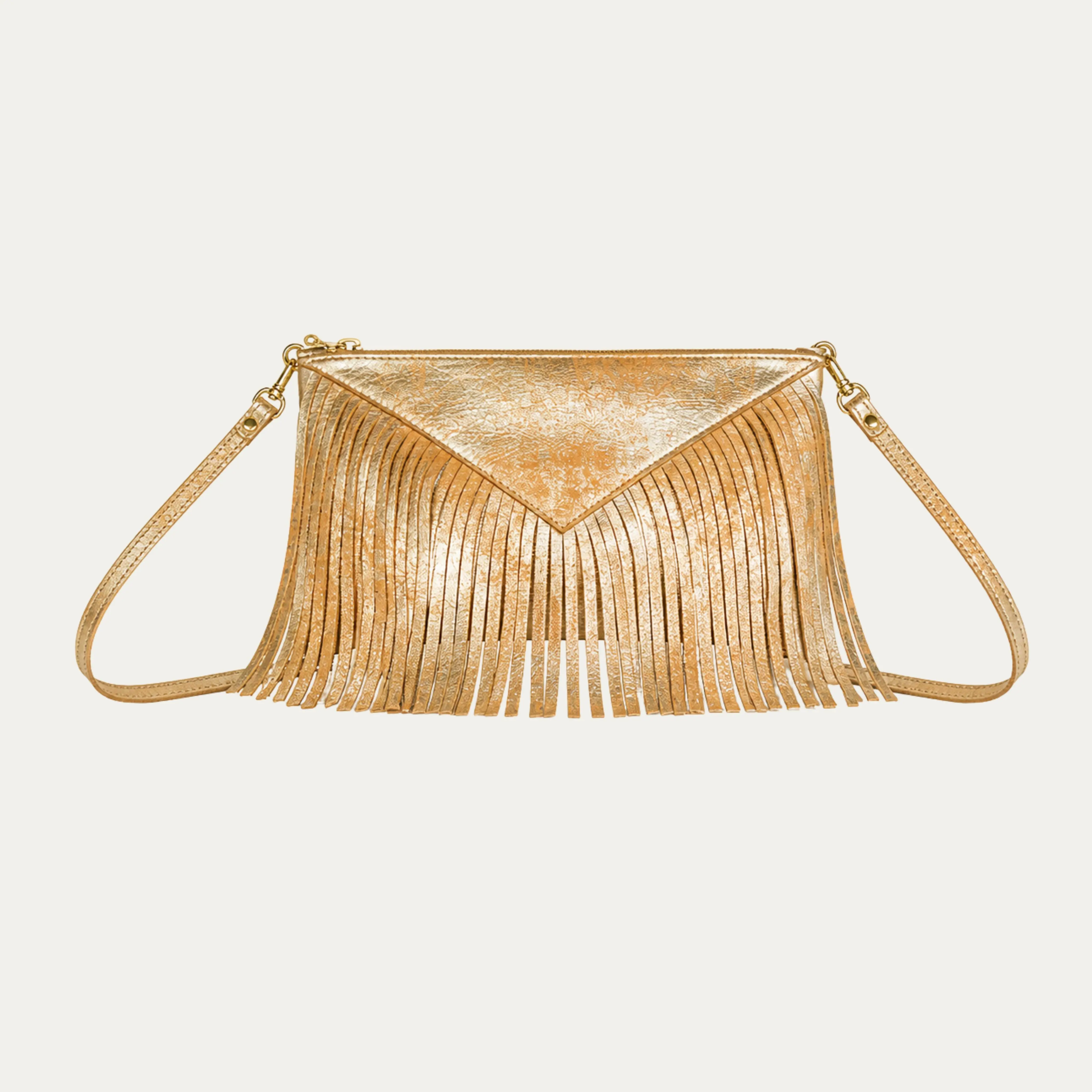 Women's Italian Leather Fringe Clutch - Metallic Blush Gold Convertible Shoulder, Crossbody Pouch, Wristlet - Chic, Elegant Style Women's Clutches & Wristlets, Convertible Crossbody, Shoulder Clutch