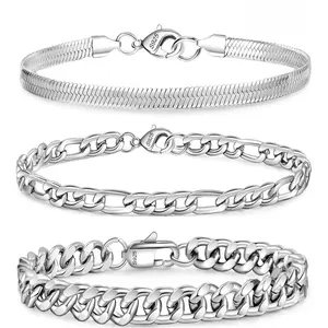 Set of 3 Sterling Silvery Cuban Chain Bracelets - Vintage Boho Style for Women's/Men's,Perfect Gift for Christmas Casual Attire Bracelet Packs Halloween